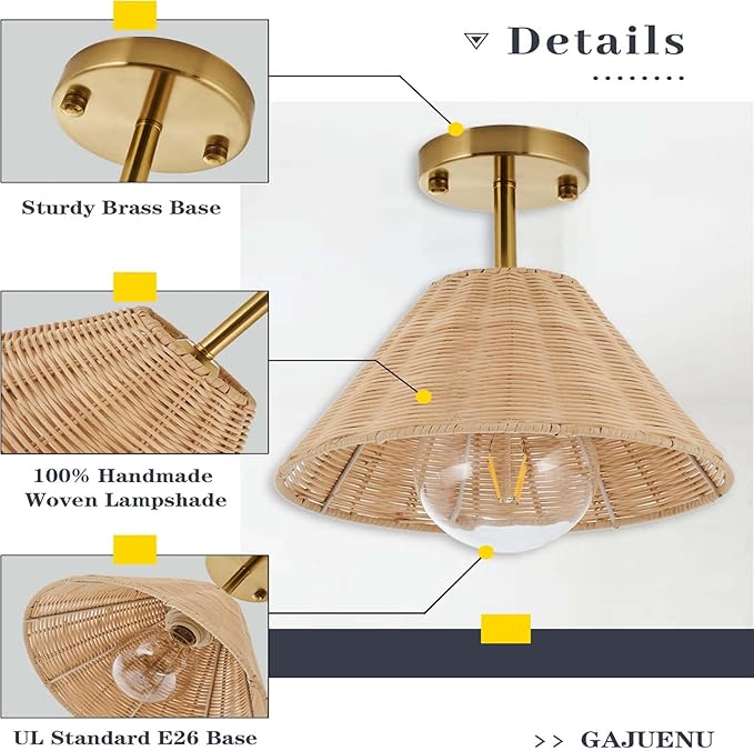 Boho Gold Semi Flush Mount Ceiling Light, Farmhouse Rattan Ceiling Light Fixture with Hand-Woven Natural Cage Shade, Modern Mini Chandelier Rustic Retro Lights for Bedroom Hallway Entryway Dining Room