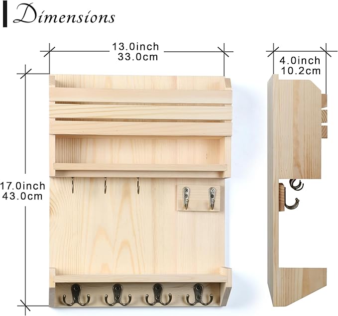 Key Holder, Wall Mounted Mail Organizer, Keys Holder on Wall with 9 Key Hooks, Natural Color
