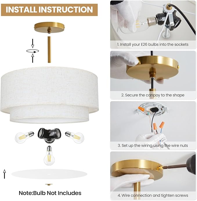 Double Drum 3 Light Semi Flush Mount Ceiling Light, Close to Ceiling Light Fixture, 16 Inch with Fabric Linen Shade, Gold Brass, for Living Room, Bedroom, Dining Room,Hallway and Entryway