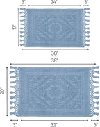 Savi Home Cotton Woven Jacquard Bathroom Rug Set of 2, Woven Fringe Bathroom Mats, 100% Cotton, Non - Slip Bath Mat, Durable Thick Bath Mat 17”x30”& 20"x38" with Fringes, Sky Blue