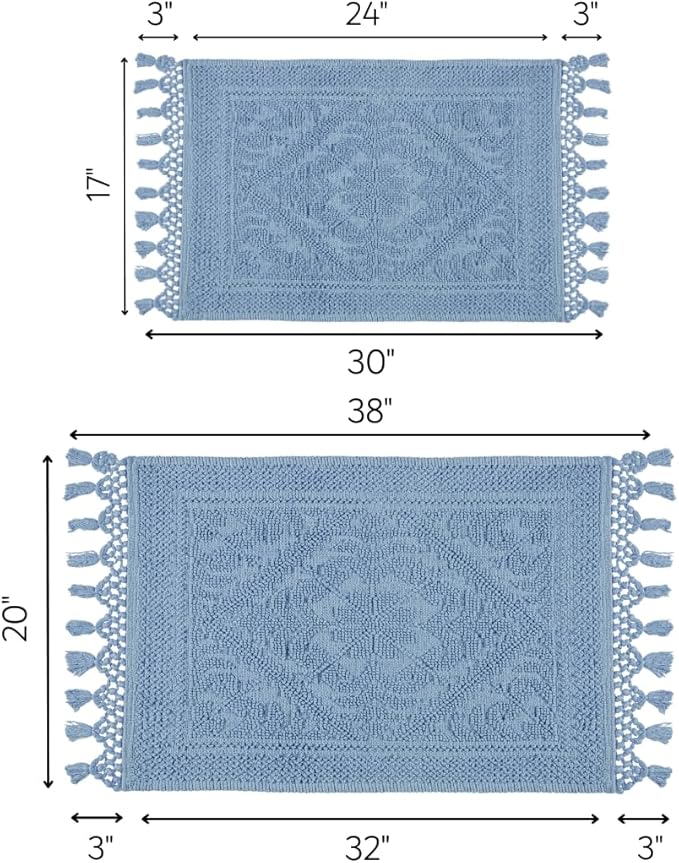 Savi Home Cotton Woven Jacquard Bathroom Rug Set of 2, Woven Fringe Bathroom Mats, 100% Cotton, Non - Slip Bath Mat, Durable Thick Bath Mat 17”x30”& 20"x38" with Fringes, Sky Blue