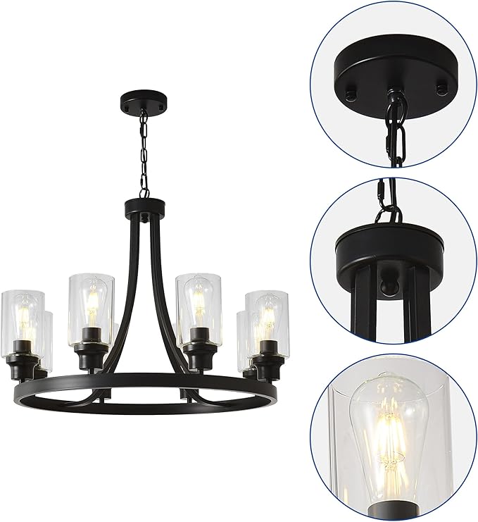 Black Chandelier 8 Lights, Kitchen Island Lighting Industrial Chandelier with Clear Glass Shade, Farmhouse Pendant Light for Dining Room Living Room Bedroom