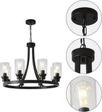 Black Chandelier 8 Lights, Kitchen Island Lighting Industrial Chandelier with Clear Glass Shade, Farmhouse Pendant Light for Dining Room Living Room Bedroom
