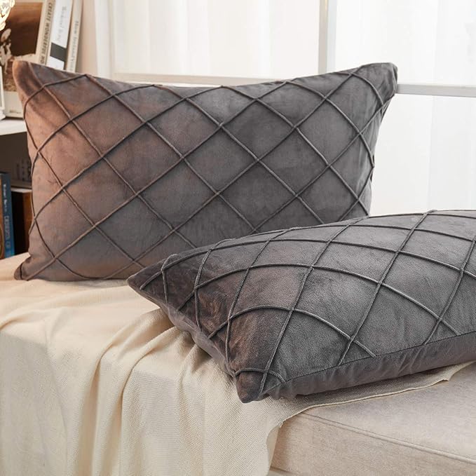 JAUXIO Diamond Pinch Pleated Crystal Velvet Pillowcases 2 Pack Solid Pintuck Throw Cushion Cover for Home Decor Hidden Zipper Closure (Dark Grey, King)