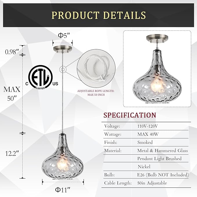 11" Smoked Hammered Glass Pendant Light – Blown Glass Ceiling Fixture with Brushed Nickel Finish, Modern Industrial Lighting for Kitchen Island, Dining Room, Hallway, Living Room