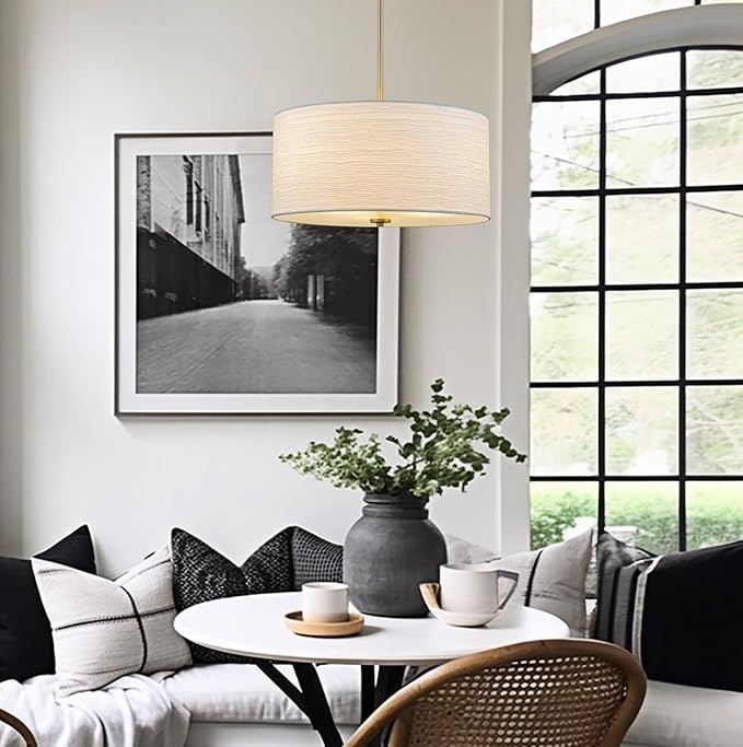 Kira Home Pearl 18" Modern 3-Light Large Drum Pendant Chandelier, White Textured Shade + Glass Diffuser, Adjustable Height, LED Compatible, Cool Brass Finish