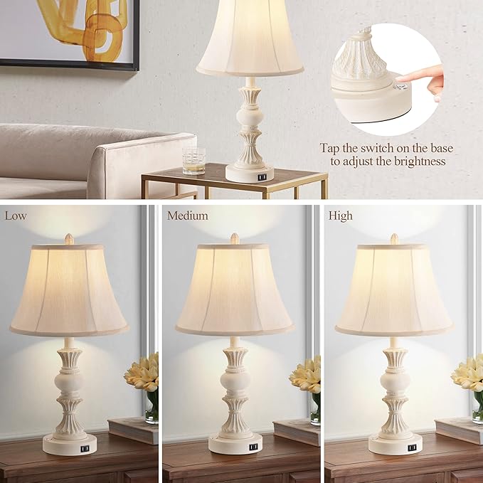 Touch Control Table Lamp Set of 2, 3-Way Dimmable Bedside Lamp with 2 USB Charging Ports, French Country Style Nightstand Lamps with Faux Silk Shade for Living Room, Bedroom - Antique White
