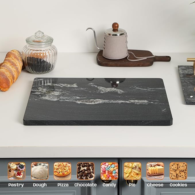 Natural Black Marble Pastry and Cutting Board, 12x16x0.7 Inch, Heavy for Dough Chocolate, Pack of 1