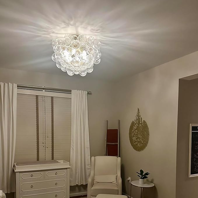 Semi Flush Mount Bubble Ball Chandelier 24" Clear Swirled Ribbed Blown Glass Globe Gold Chandeliers Ceiling Light Fixture for Dining Living Room Bathtub Bathroom