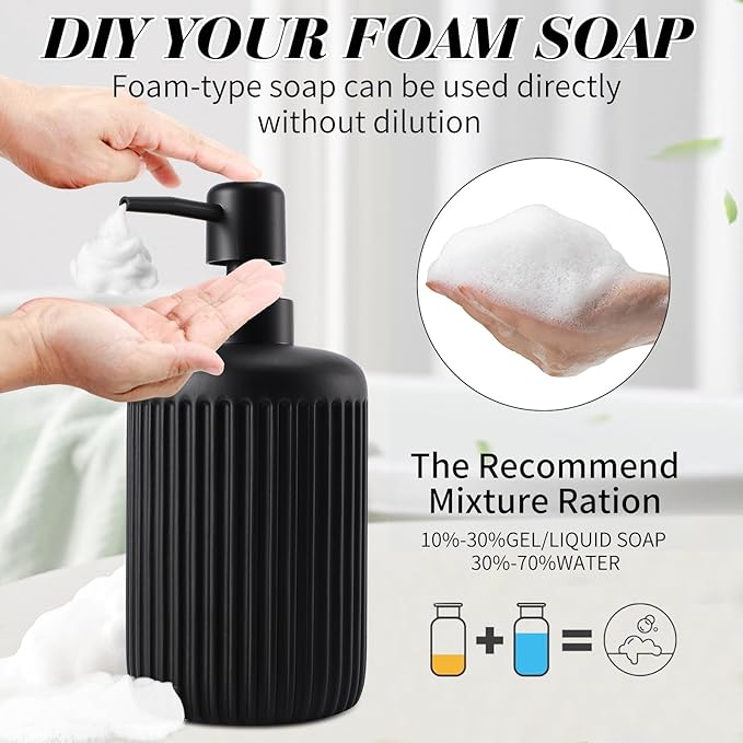 Black Resin Bathroom Accessories Set 5 Pcs, Bathroom Accessory Set Includes Foaming Soap Dispenser, Lotion Soap Dispenser, Toothbrush Holder, Qtip Holder, Soap Dish, for Modern Home Apartment