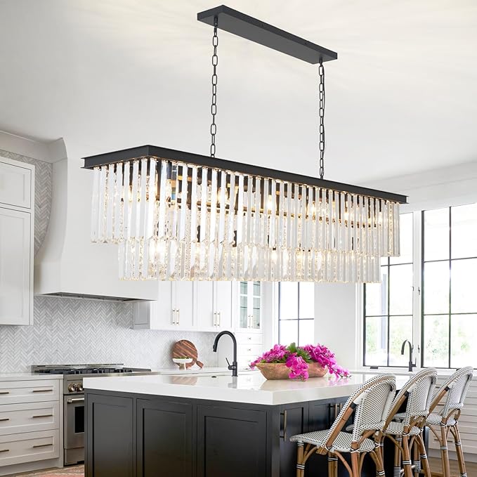 Modern Rectangular Crystal Chandelier, Farmhouse 21 Light Rectangle Chandeliers Hanging Ceiling Light Fixtures for Dining Room Kitchen Island, Living Room, Bedroom