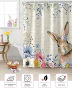 Vandarllin Spring Easter Shower Curtain, Floral Bunny Shower Curtains Set with Hooks, Flower Leaves Rabbit Waterproof Fabric Bathroom Curtains Decor Accessories, Stall Long 36 X 78