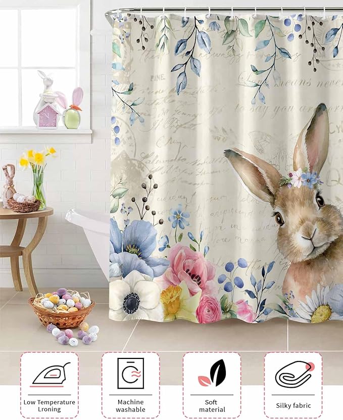 Vandarllin Spring Easter Shower Curtain, Floral Bunny Shower Curtains Set with Hooks, Flower Leaves Rabbit Waterproof Fabric Bathroom Curtains Decor Accessories, Stall Long 54 X 78