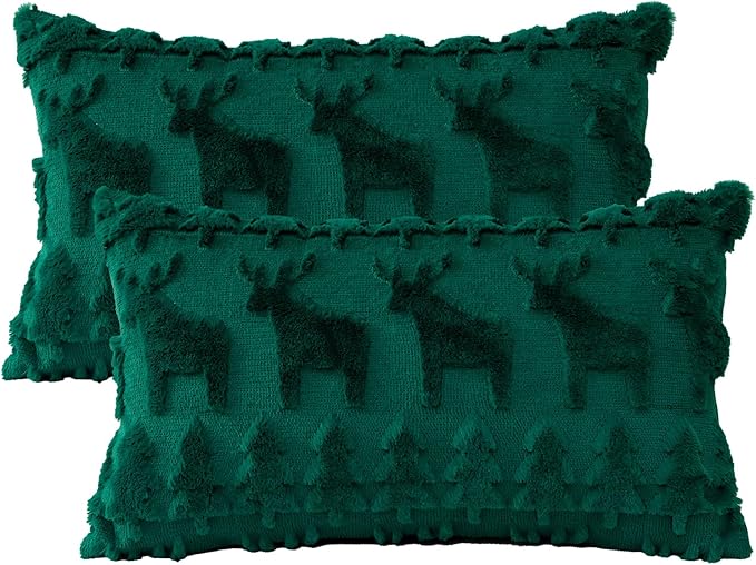 OTOSTAR Set of 2 Xmas Soft Plush Short Wool Velvet Decorative Throw Pillow Covers Rectangular Luxury Style Cushion Case Pillow Shell for Sofa Bedroom Christmas Tree and Elk Green, 16x24 Inch