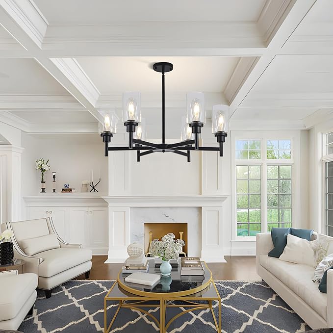 6 Light Farmhouse Chandelier Black Dining Room Light Fixture Over Table Industrial Hanging Pendant Lighting for Living Room Foyer Kitchen Island Adjustable Height E26 Socket with Glass Shade