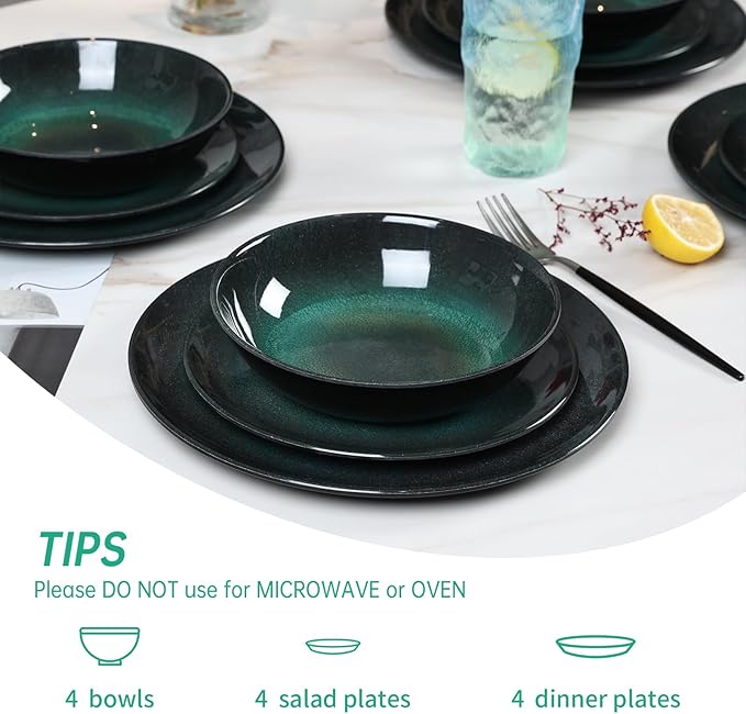 Melamine Dinnerware Set, 12pcs Plates and Bowls Set, Green Dinner Dishes Set for Indoor and Outdoor, BPA-Free, Dishwasher Safe（Green）