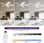 52inch Ceiling Fans with Lights, Low Profile Ceiling Fan with Light and Remote Control/APP Control, DC Reversible Motor, Noiseless, Flush Mount White Ceiling Fan for Bedroom, Indoor/Outdoor Use