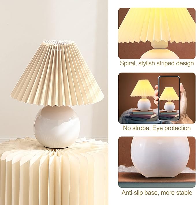 Zenply Korean Pleated Ceramic Table Lamp, Small, Beige, Vintage