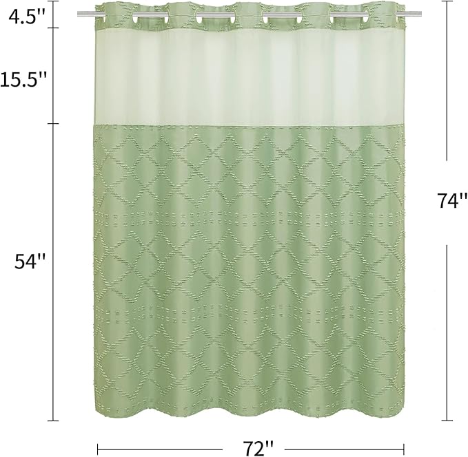 Boho Sage Woven Fabric Shower Curtain 72 x 74 Modern Farmhouse, No Hooks Tufted Chevron Striped Shabby Chic Textured, Minimalist Cloth Curtain for Bathroom, Hotel Decor