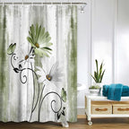 Rustic Farmhouse Shower Curtain, Farm Sage Green Daisy Floral Flowers and Butterfly on Country Wooden Forest Green Shower for Bathroom, 36X70IN