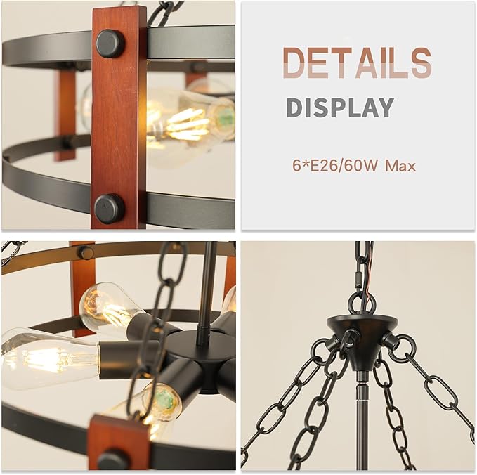 Farmhouse Wood Chandelier,23 Inch Black Modern Rustic Vintage Hanging Pendant Ceiling Light Fixture for Dining Room Bedroom Kitchen Island Hallway Foyer Entryway（6 Light