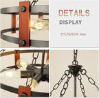 Farmhouse Wood Chandelier,23 Inch Black Modern Rustic Vintage Hanging Pendant Ceiling Light Fixture for Dining Room Bedroom Kitchen Island Hallway Foyer Entryway（6 Light