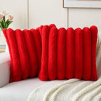 FUTEI Red Decorative Throw Pillow Covers 16x16 Inch Set of 2, Square Soft Faux Rabbit Fur Big Striped Cushion Cover,Home Decor for Couch Sofa Bed Living Room