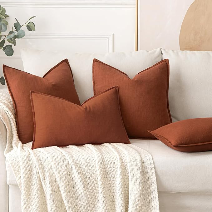 MIULEE Fall Decorative Linen Euro Sham Pillow Covers 24x24 Rust Boho Farmhouse Neutral Couch Throw Pillows for Bed Pack of 2 Accent Modern Pillowcase Summer Sofa Livingroom Home Decor