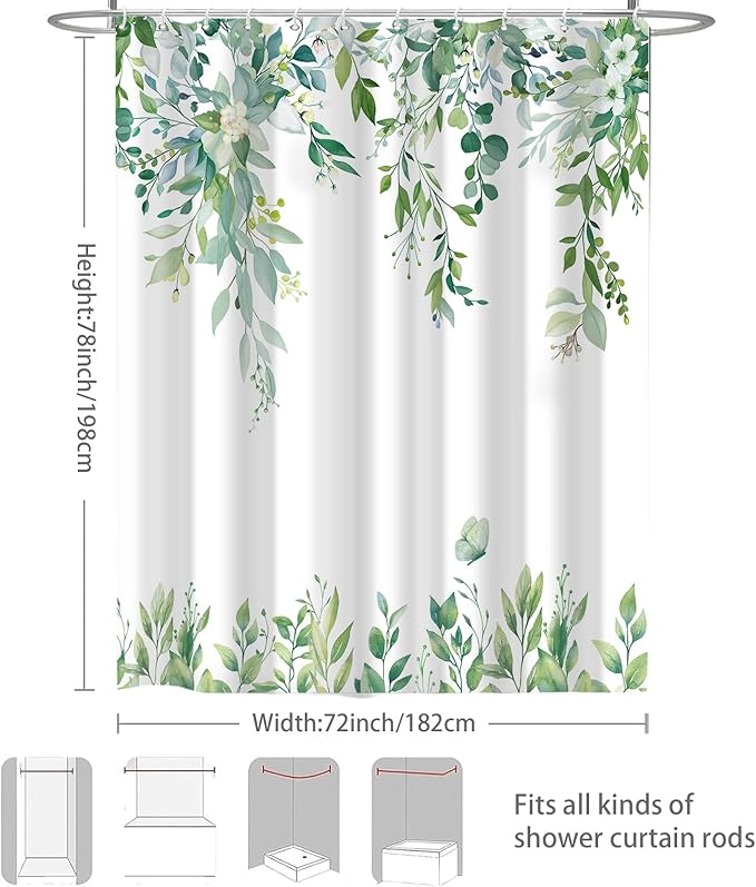 Eucalyptus Shower Curtain, Light Green Watercolor Leaves with Floral Botanical Bathroom Decor, Waterproof Fabric Bath Curtain Set with Hooks, 72x78 Inches