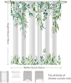 Eucalyptus Shower Curtain, Light Green Watercolor Leaves with Floral Botanical Bathroom Decor, Waterproof Fabric Bath Curtain Set with Hooks, 72x78 Inches