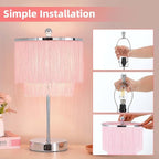 Pink Lamp for Girls Room, 3-Way Dimmable Touch Lamps with USB Port, Girls Lamp with Tassel Lampshade, Pink Table Lamp for Bedroom, Living Room, Dresser, Nightstand, LED Bulb Included