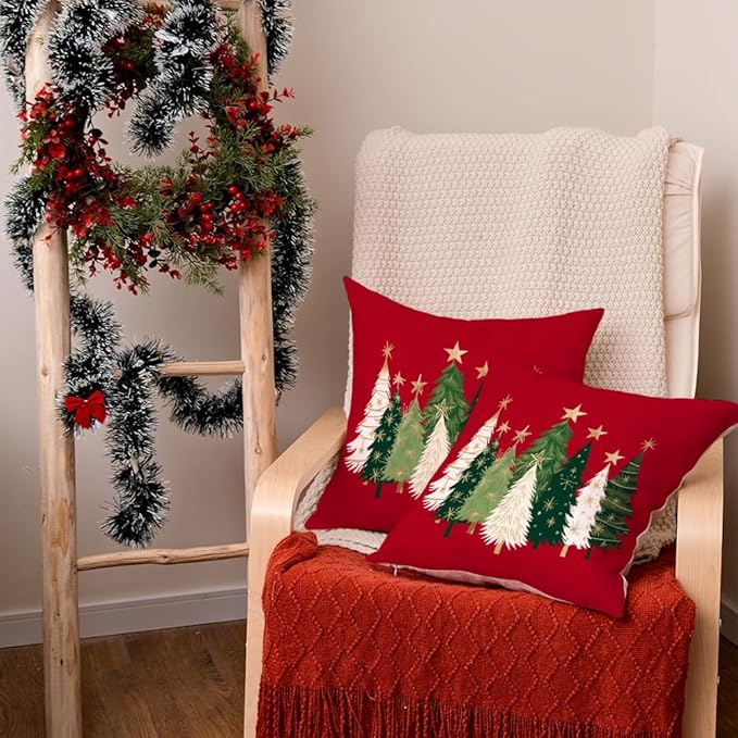 AACORS Christmas Pillow Covers 18X18 Set of 2,Watercolor Christmas Tree Stars Decoration Holiday Farmhouse Winter Pillow Case for Sofa Couch Decor（Red） AA231-18-2