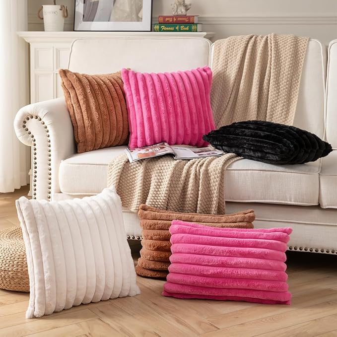 DEELAND Pack of 2,Double-Sided Faux Fur Plush Decorative Throw Pillow Covers Fuzzy Striped Soft Pillowcase Cushion Covers for Sofa Couch Bedroom Brown 22x22 inch