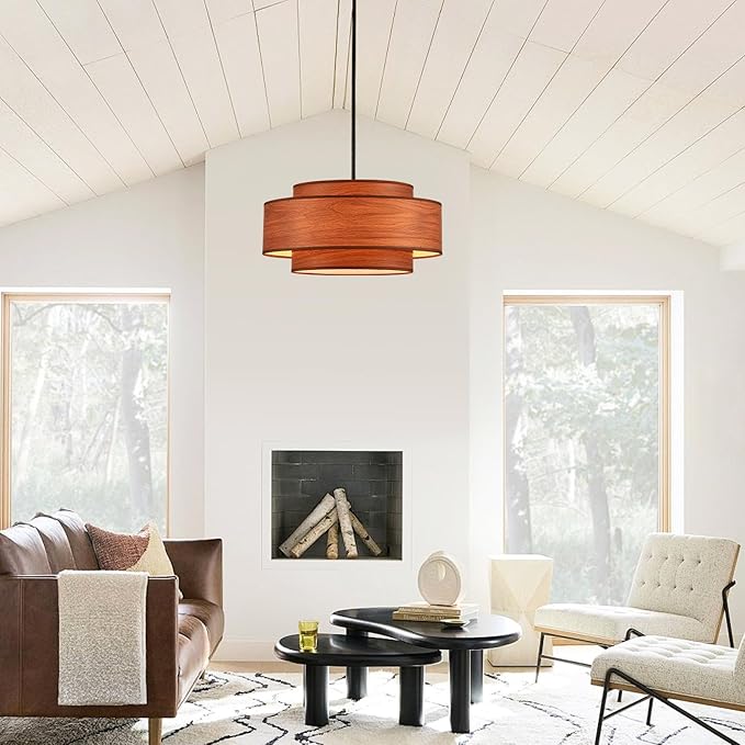 Farmhouse 19.7" Drum Wooden Chandelier Vintage 4-Lights Modern Chandelier with Wood Finish Linen Shade Retro Drum Chandeliers for Dining Room, Kitchen Island, Living Room, Bedroom