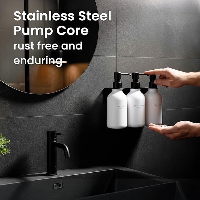 MaisoNovo Shampoo and Conditioner Dispenser - Shower Soap Dispenser Wall Mounted - 16.9 fl oz Set of 3 White Plastic Bottles Black Pump - 3 Chamber No Drill