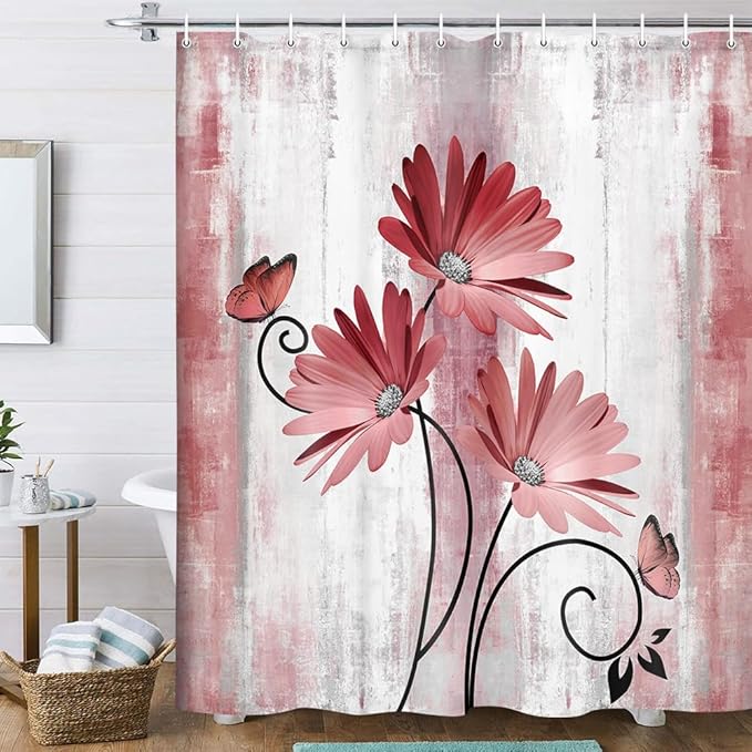 Rustic Farmhouse Shower Curtain, Farm Red Daisy Floral Flowers and Butterfly, Light Burgundy Gray Shower Curtain with 12PCS Hooks, 60X70