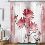 Rustic Farmhouse Shower Curtain, Farm Red Daisy Floral Flowers and Butterfly on Country Wooden Shower Curtain for Bathroom, Light Burgundy Gray Grey Shower Curtain with 12PCS Hooks, 70X75IN