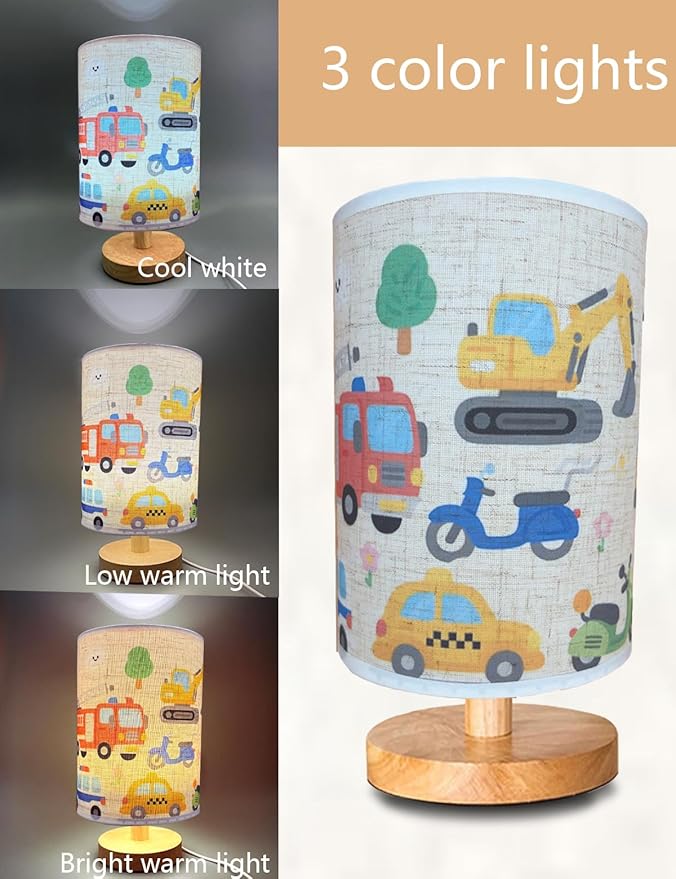 Kids Lamps for Bedrooms Boys, Car Lamp,3 Level Dimmable Wood Nightstand Desk Base Flaxen Fabric Shade for Bedroom Living Room,Car Gifts for Boys (car)