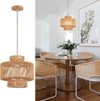 Rattan Pendant Light Fixture Boho Hanging Light Woven Rattan Ceiling Light Adjustable Basket Light Fixture for Kitchen Island Hallway Bedroom Dinning Table Nursery Light
