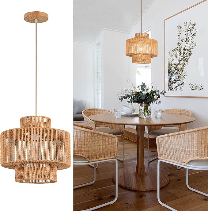 Rattan Pendant Light Fixture Boho Hanging Light Woven Rattan Ceiling Light Adjustable Basket Light Fixture for Kitchen Island Hallway Bedroom Dinning Table Nursery Light