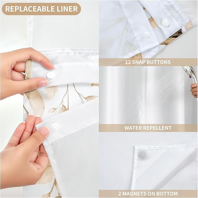 QiyI No Hook Shower Curtain with Snap in Fabric Liner, Brown Eucalyptus Shower Curtain with See Through Top Window, Waterproof Washable Cloth Ringless Shower Curtain Set for Bathroom, 72 x 75