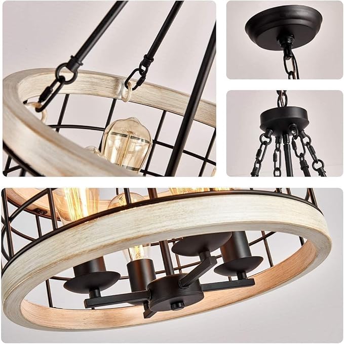 Farmhouse Drum Chandelier,Rustic White Oak Wood Color&Black Metal Finish 4-Light Chandeliers for Dining Room Kitchen Entryway UL Listed