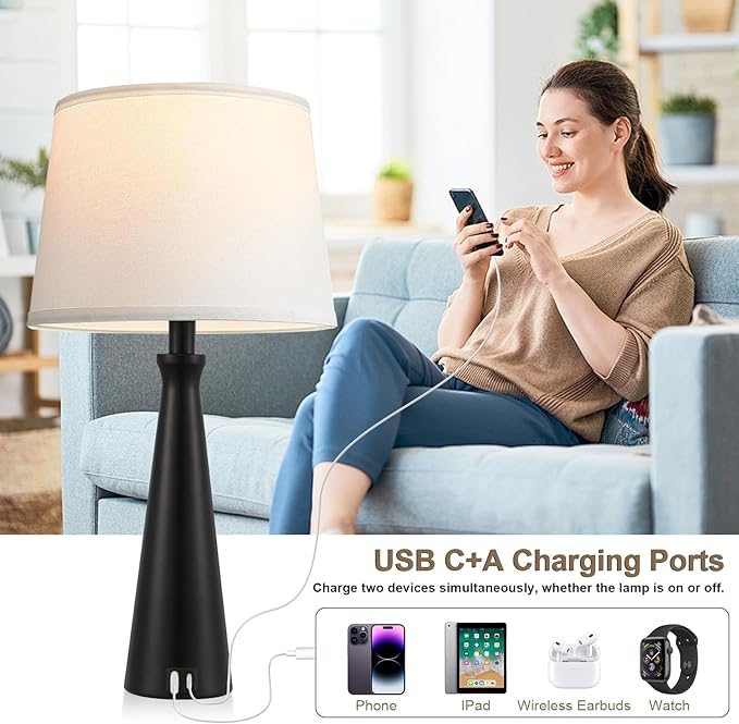 Seealle Modern Table Lamps Set of 2 - Touch Bedside Lamp for Nightstand with USB C+A,3-Way Dimmable Black Nightstand Lamps for Living Room Bedroom End Table(Bulb Included)