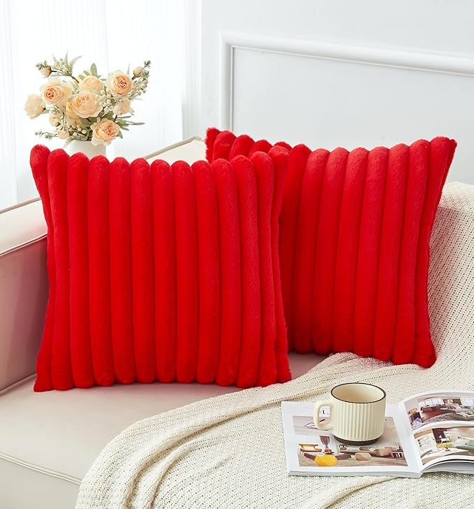 Pack of 2 Christmas Red Pillow Covers 16x16 Inch Decorative Faux Fur Throw Pillow Cover, Soft Lumbar Plush Pillowcases for Couch Sofa Bed Living Room, Fluffy Cute Home Boho Accent Decor
