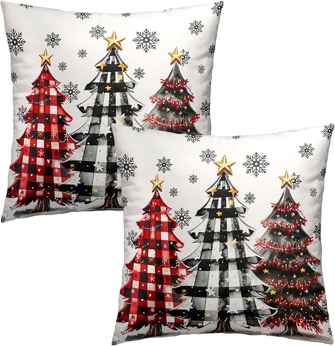 Christmas Tree Throw Pillow Covers 20x20 Set of 2, Red Black Buffalo Plaid Snowflakes Winter Holiday Farmhouse Pillowcases Cushion Cover for Couch Sofa Chair Living Room Bedroom