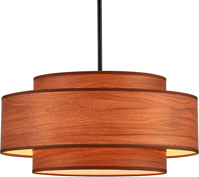 Farmhouse 19.7" Drum Wooden Chandelier Vintage 4-Lights Modern Chandelier with Wood Finish Linen Shade Retro Drum Chandeliers for Dining Room, Kitchen Island, Living Room, Bedroom