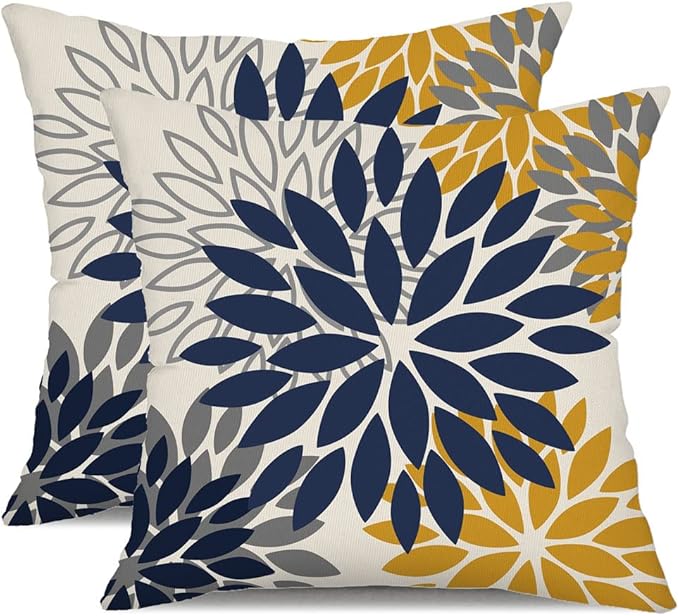DFXSZ Blue Yellow Flower Pillow Covers 20x20 Inch Set of 2 Outdoor Throw Pillows Outdoor Waterproof Decor for Living Room Sofa Patio Funiture Garden Floral Polyester Pillow Covers 002Z20