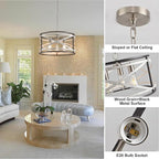 Farmhouse Chandeliers for Dining Room, 3-Light Metal Dining Room Light Fixture, 18.5" Rustic Drum Chandelier Hanging Light for Kitchen Foyer Entryway Bedroom, Nickel with Retro Wood Texture Interior