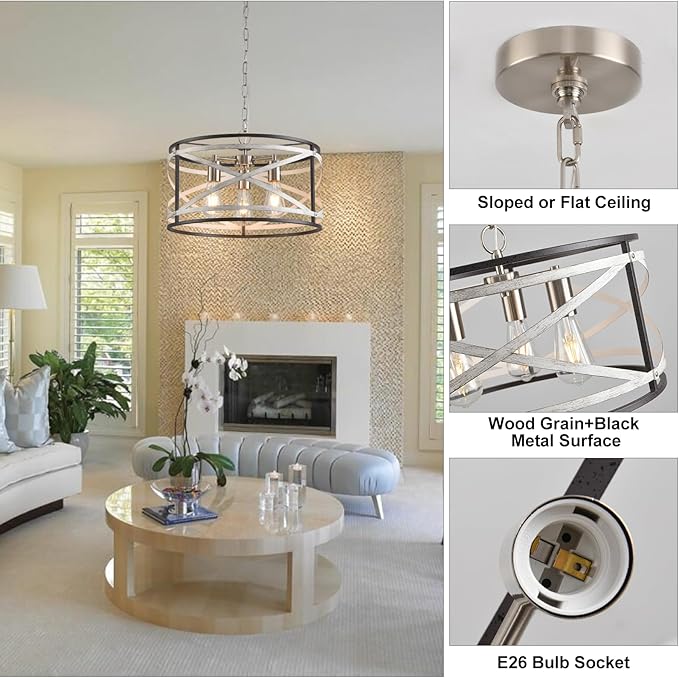 Farmhouse Chandeliers for Dining Room, 3-Light Metal Dining Room Light Fixture, 18.5" Rustic Drum Chandelier Hanging Light for Kitchen Foyer Entryway Bedroom, Nickel with Retro Wood Texture Interior