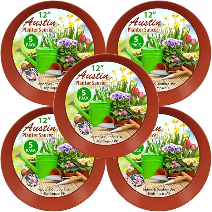 4 inch (3.5" Base) Case of 5 Plant Saucers - Terra Cotta Colored Polypropylene,Heavy Duty Indoor/Outdoor Pan,Collects Flower Pot Drainage and Excess Water, Made in USA
